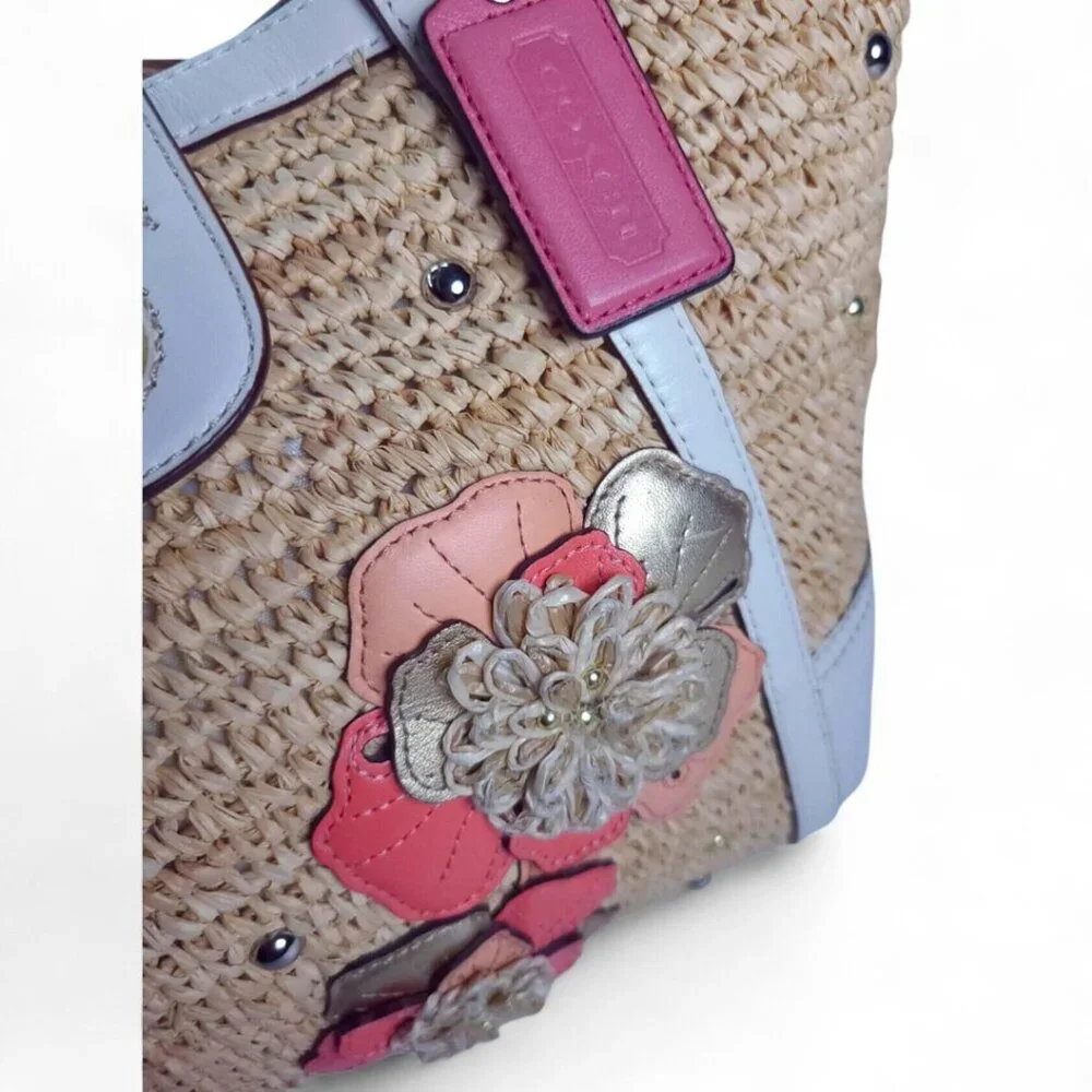COACH Natalie Floral Straw Basket Bag embellished flower applique peach - Picture 4 of 9